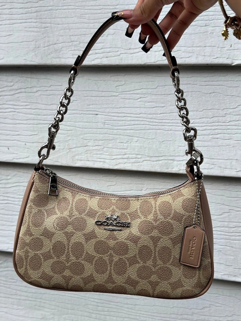 Coach Teri Shoulder Bag In Signature Canvas NWOT Silver/Tan/Taupe